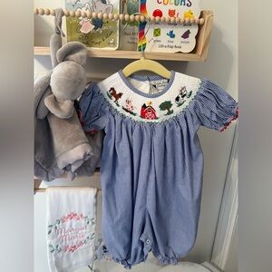 Blue Gingham Baby Romper with Farm Animal Embroidery